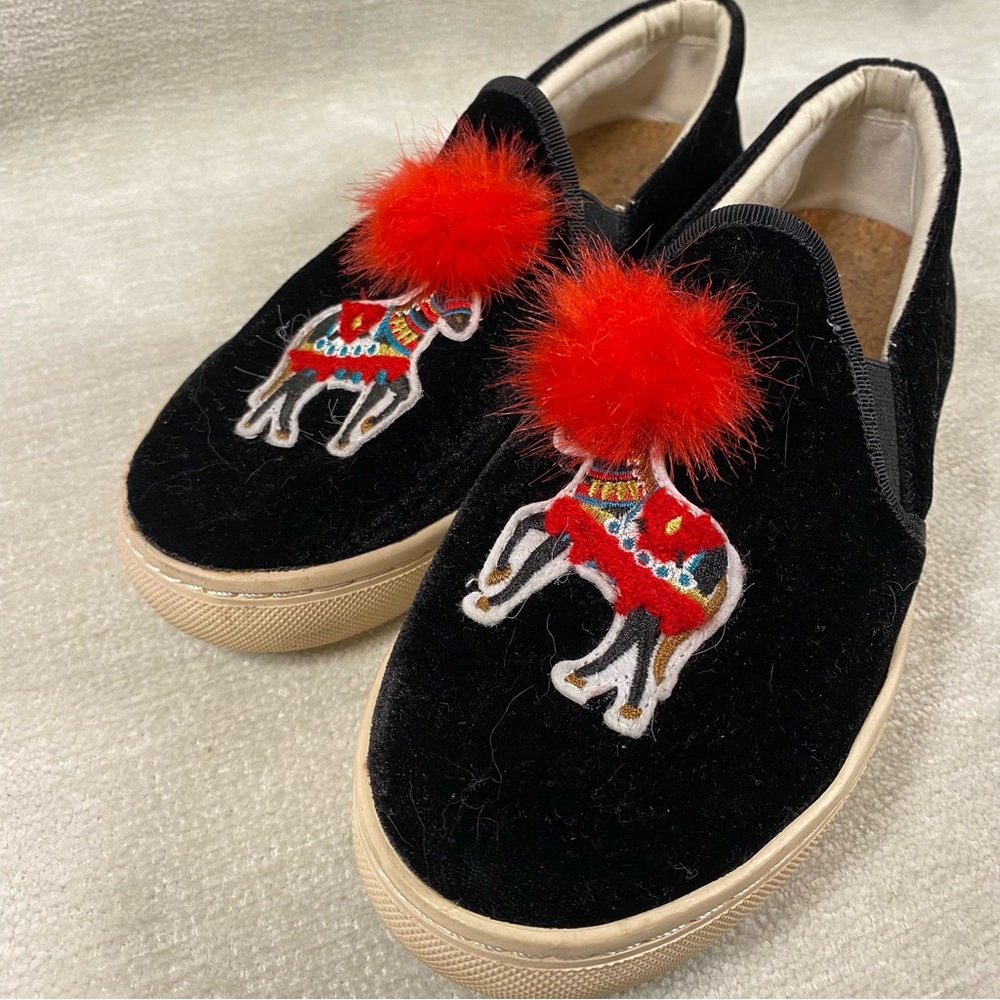 Black Velvet and Red Embroidered Slip-On Shoes pompom